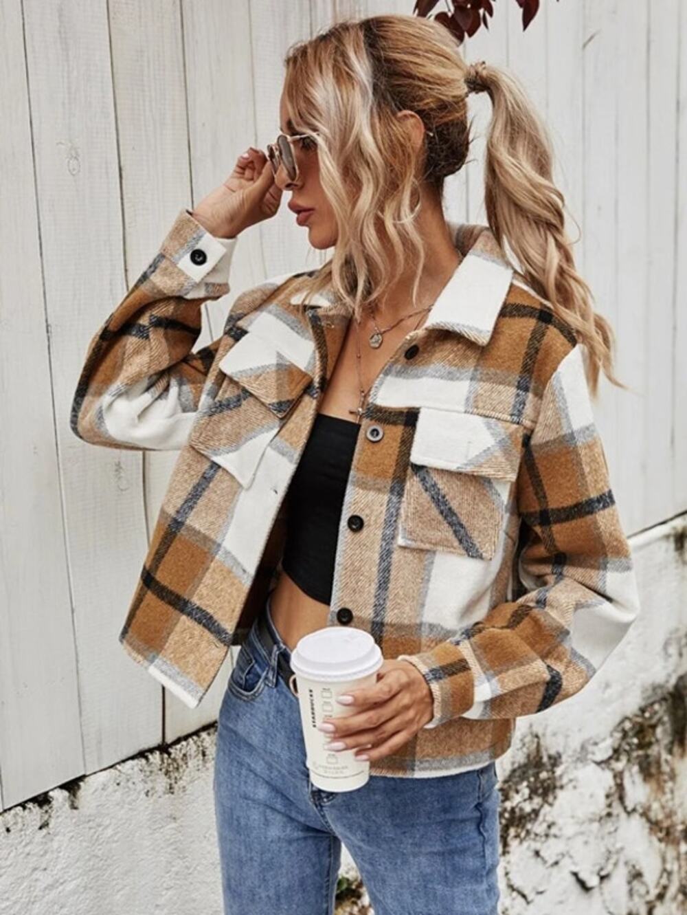 Plaid Flap Pockets Collared Button Front Shacket Brown Cream S